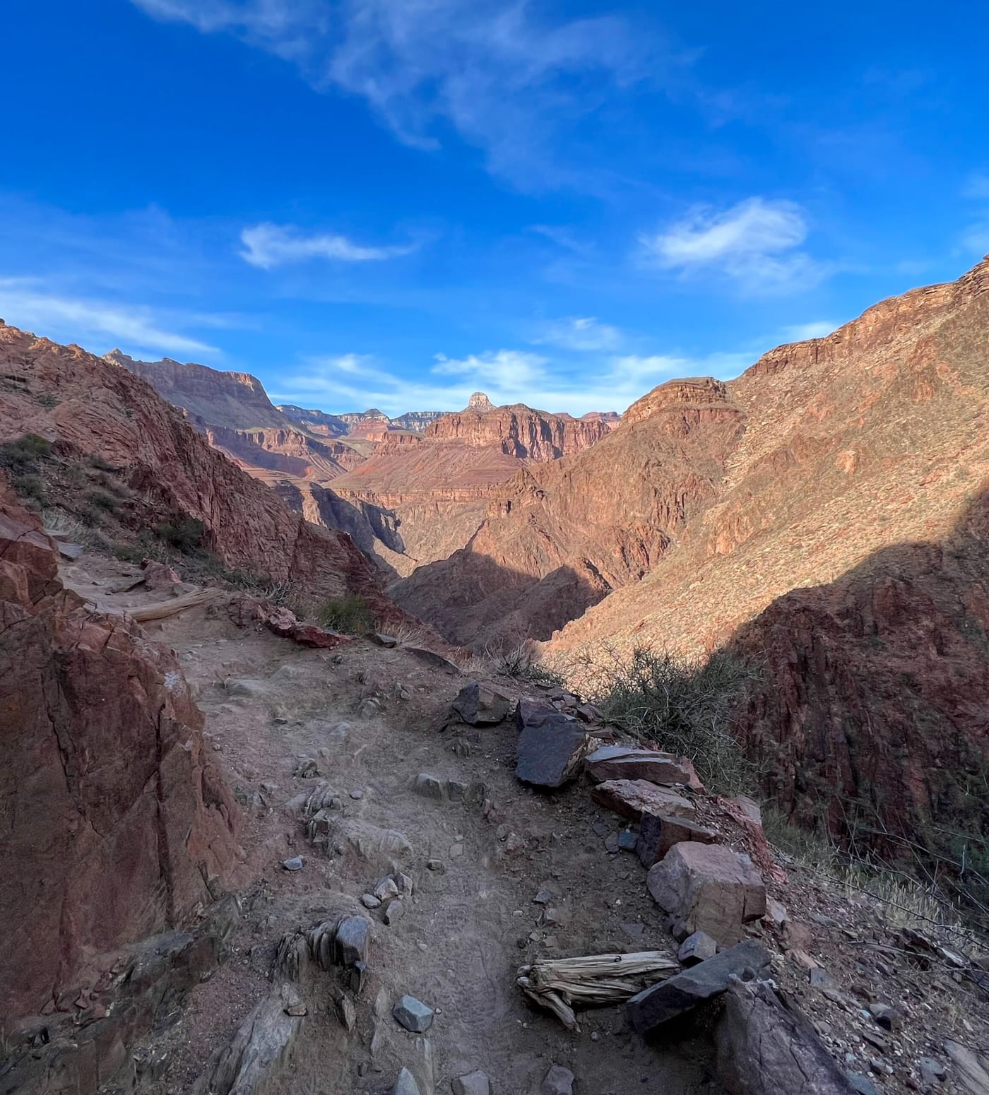The trail descending into the canyon under a blue sky