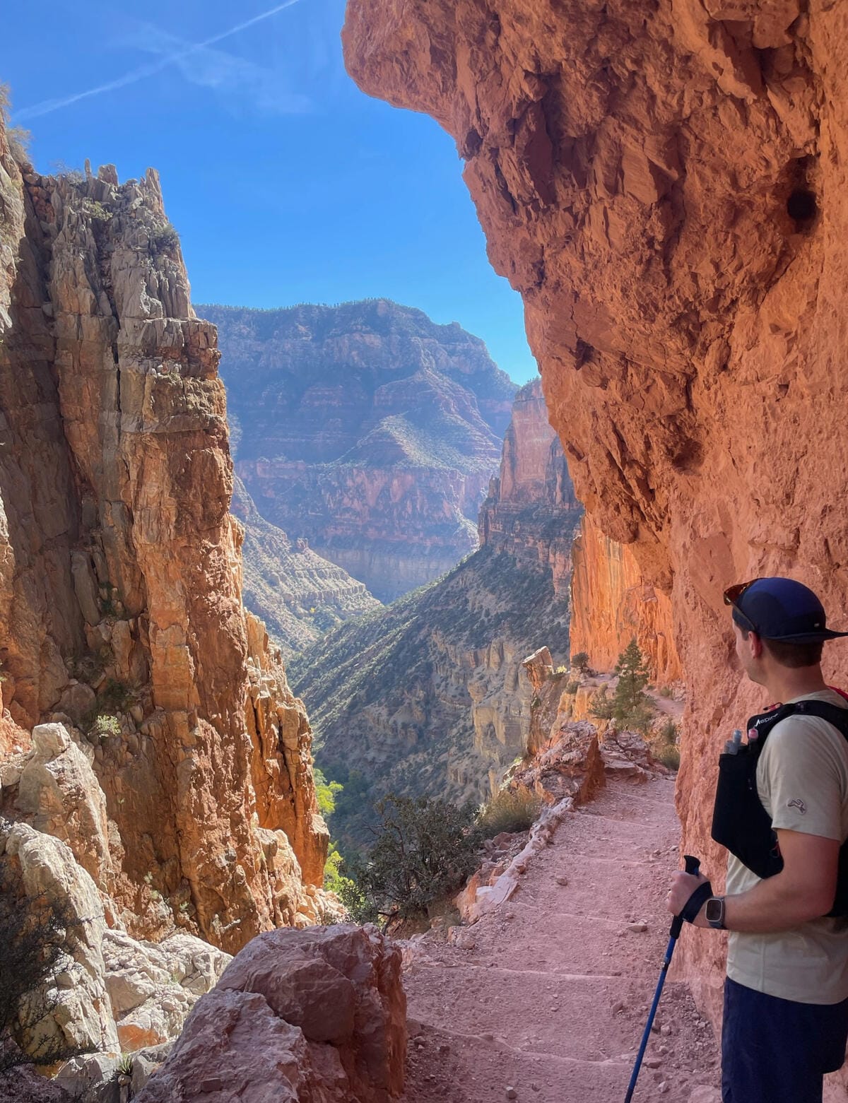 A runner looking back on the Grand Canyon from the North Kaibab trail